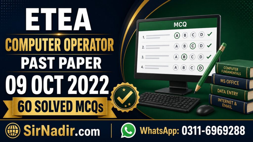 ETEA Computer Operator past paper 09 October 2022 with 60 memory-based solved MCQs