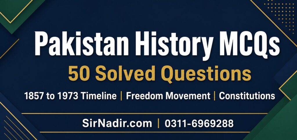 Pakistan history MCQs 50 solved questions timeline